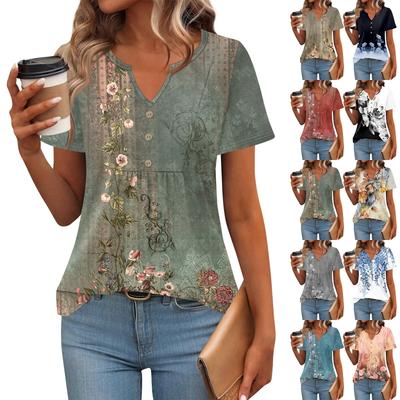 Women's Short Sleeve Tops Summer V-Neck T Shirts Casual Pleated Blouse Loose Print Basic Tee
