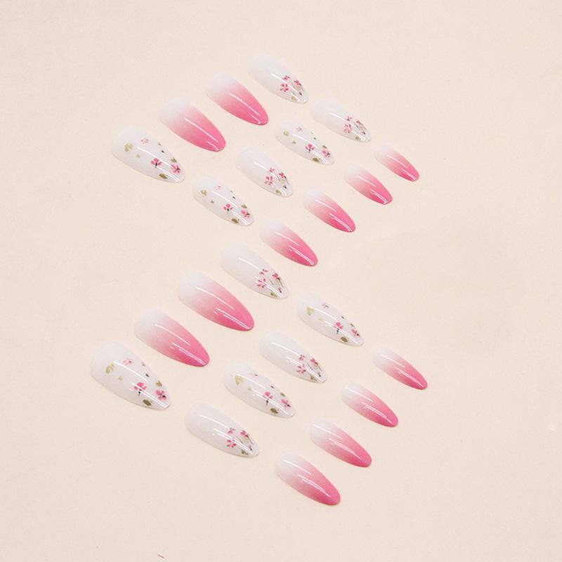 24pcs Flower Almond Nail Pink Tender Gradient Floral Nail Art, Spring Romantic Fake Nail Product, Medium Long Wearing Nail