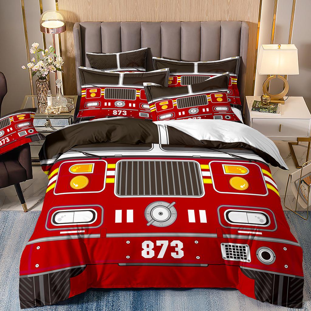 Construction Vehicle Excavator Truck Fire Truck 3D Digital Printing Bed Three-Piece Quilt Kit