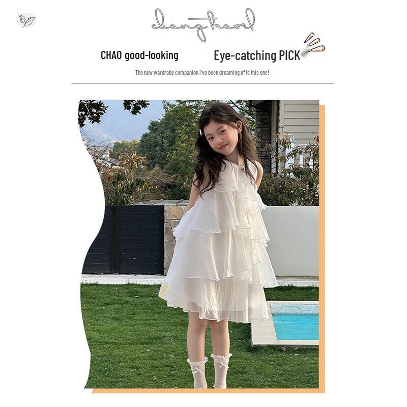 Girls' Shimmering Princess Sleeveless Ruffle Dress - 2026 Summer Holiday New Arrivals for Middle and Older Children