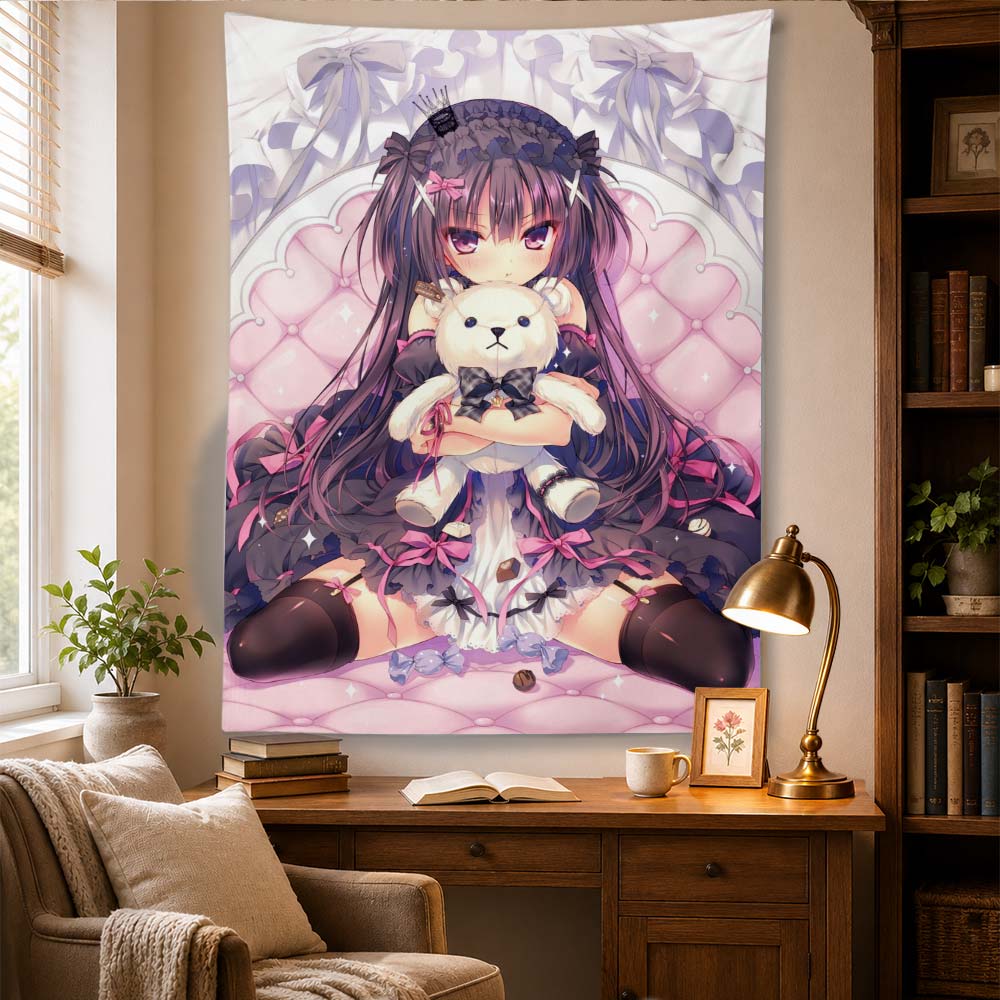Cute Lolita Anime Girl Wall Tapestry Hug Teddy Bear Pastel Gothic Aesthetic Wall Hanging Bedroom Dorm Room Home Decor Cloth