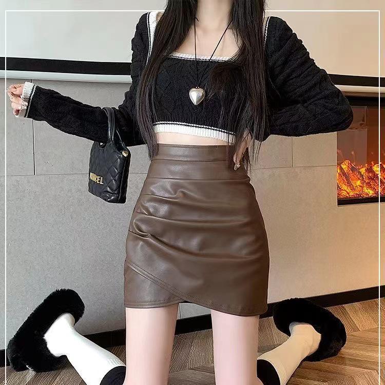 

Women s High-Waisted Pleated PU Leather Midi Skirt: 2026 Autumn-Winter A-line Hip-Hugging Style 3XL кавовий