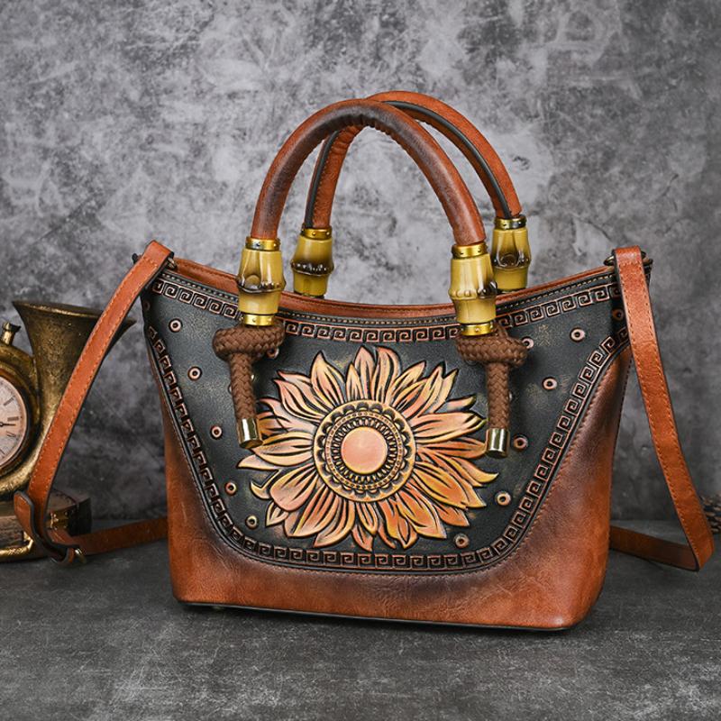 Johnature Retro geprägte Lederhandtasche Damentasche Fortschrittliche vielseitige Umhängetasche mit großer Kapazität