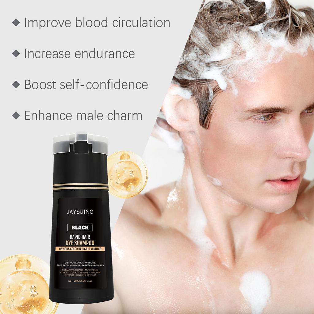 Jaysuing Men Black Instant Shampoo Natural Shine Nourishing Hair Color Shampoo No Mess Home Use 200ML