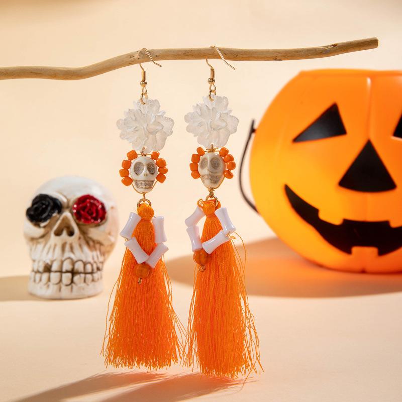Halloween, Divertenti Divertenti Orecchini con Tassel Teschio Perline di Riso Creativi Orecchini a Rosa
