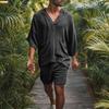 Fashion Men Two Piece Set Casual Cotton Linen Solid Loose Outfits Summer Half Sleeve V-Neck T-Shirt And Shorts Suits For Mens