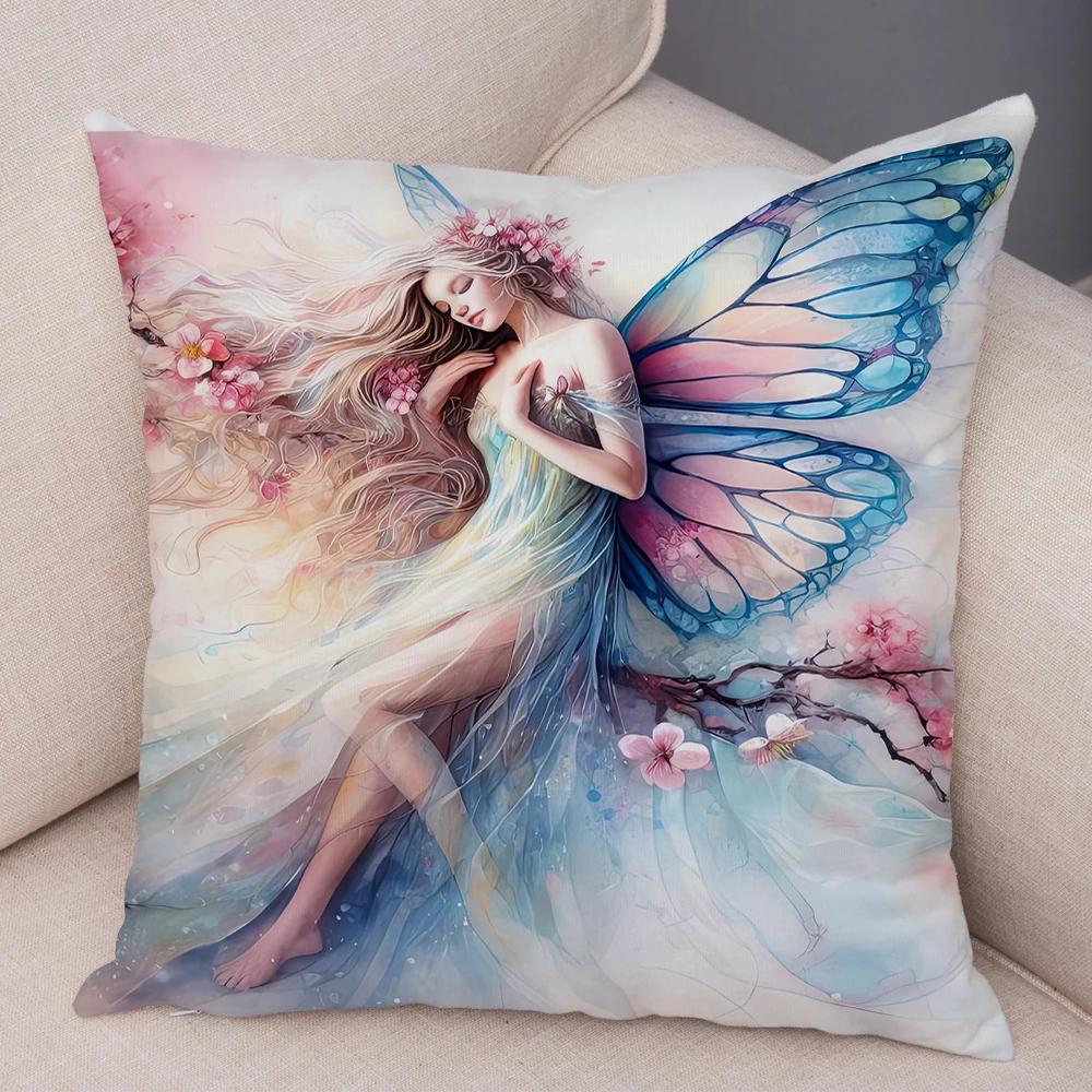 Niedlicher Cartoon Waldmädchen Elfen Kissenbezug Doppelseitig bedruckter Kissenbezug Deko für Sofa Zuhause Superweicher Plüsch Kissenbezug 40x40cm
