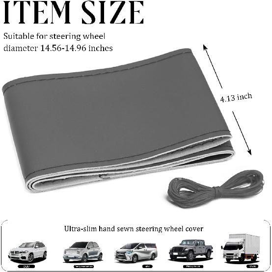 Leather Steering Wheel Cover, DIY Sewing With Needle & Thread, Breathable Anti-Slip Car Steering Wheel Protector, Universal 15 Inch Auto Steering