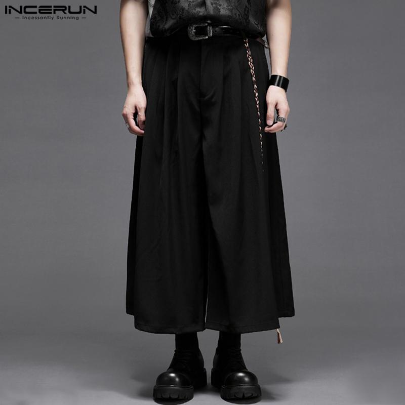 INCERUN Men Zip-up Waist Solid Color Casual Loose Cropped Straight Pants