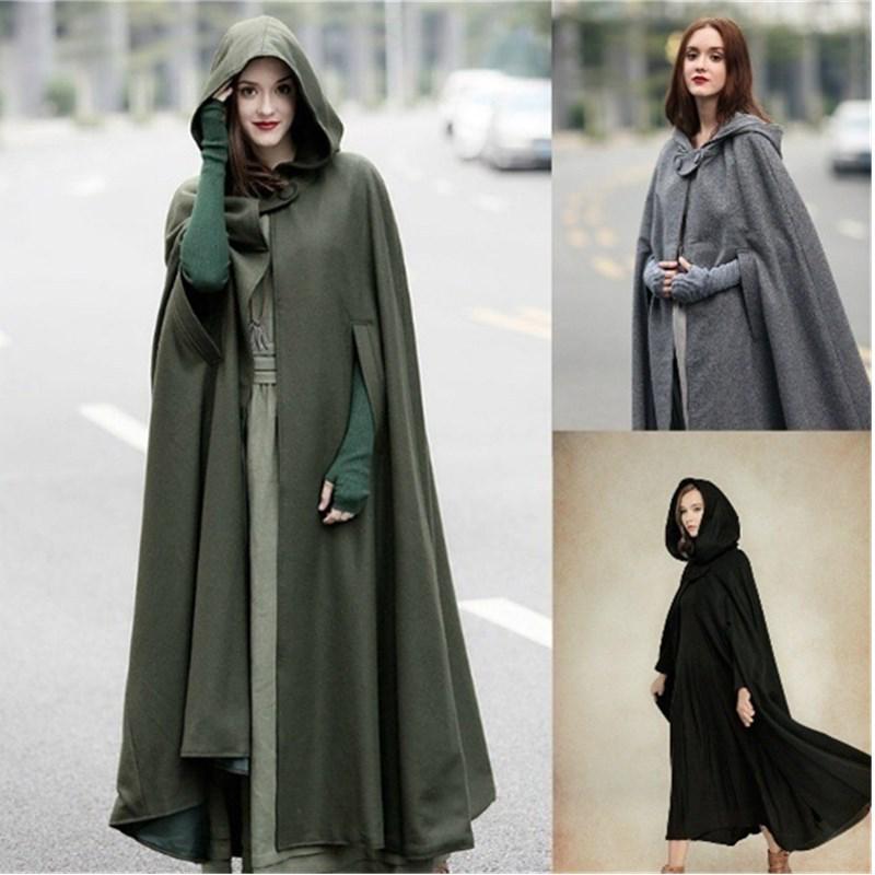 Women's European Shawl Coat: Extra Long Hooded Wool Cape In Five Colors