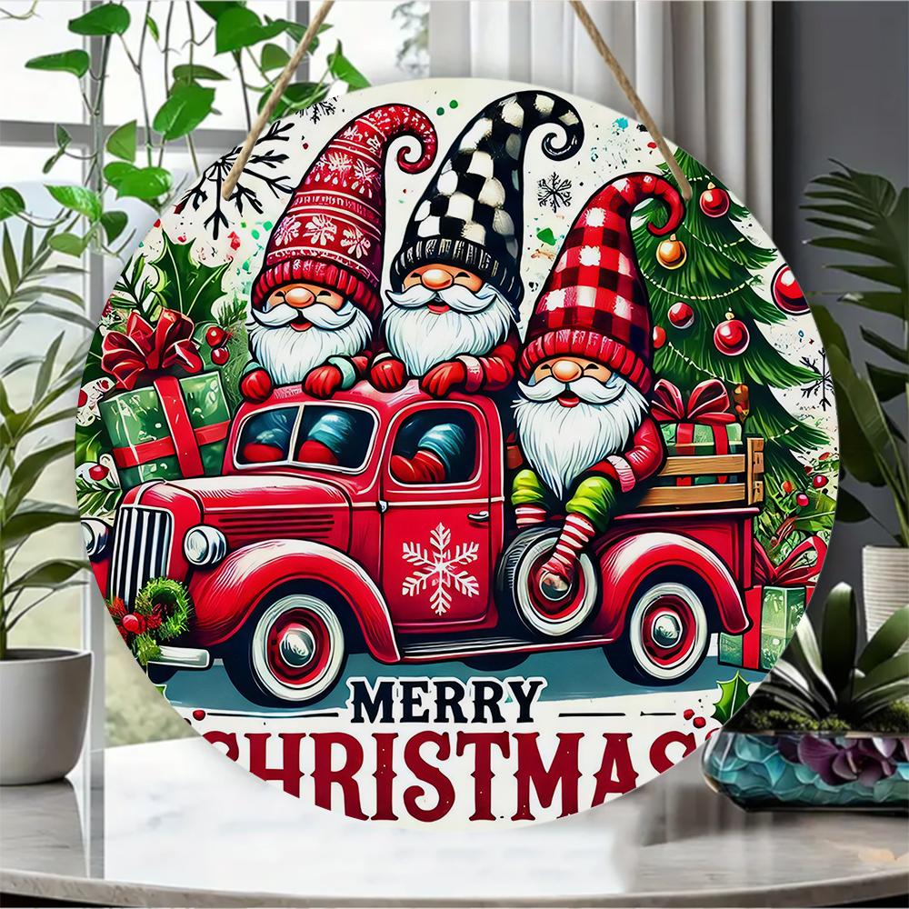 Christmas Gnomes Truck Print Round Wooden Hanging Plaque Farmhouse Wall Decor Festive Winter Porch Sign Holiday Home Decoration