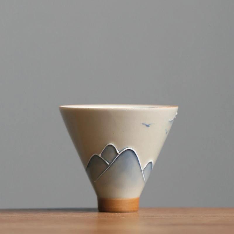 Hand-Painted Landscape Ceramic Tea Cup, Plant Ash Glaze & Underglaze Color, Bamboo Hat Design for Gongfu Tea Ceremony Home Decor