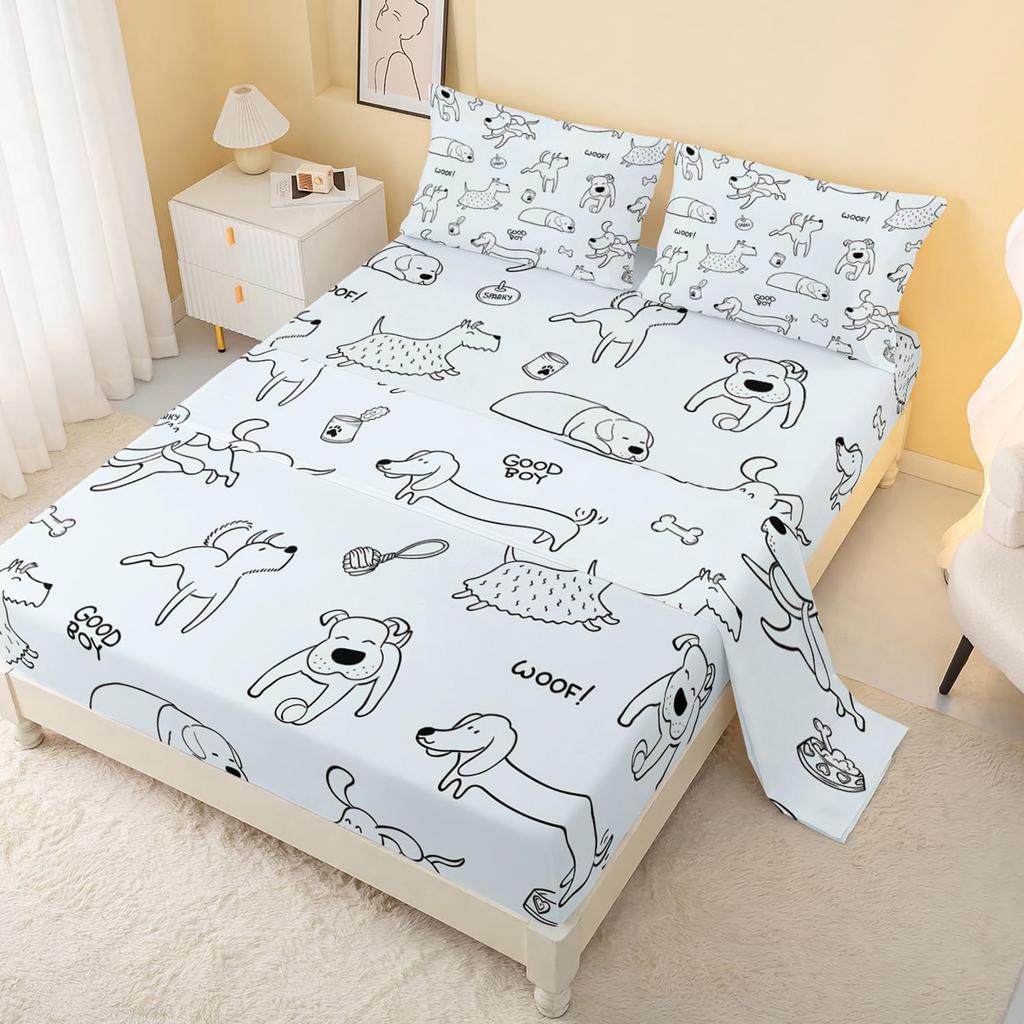Cartoon Cute Puppy Pattern Bed Hat Four-piece Bedding Set Bedroom Dormitory Bedding Decoration