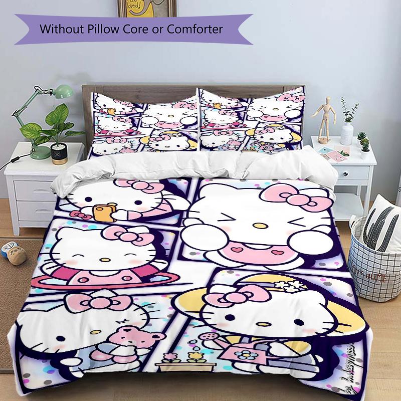 3pcs Hello Kitty's Cute Moments Bedding Set Includes Quilt Cover and Pillowcases, Suitable for All Seasons, Machine Washable Ideal Gift S043