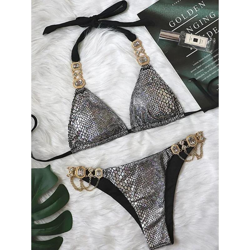 

2025 Блискуче стразове діамантове бікіні Жіночий купальник Жіночий купальний костюм Комплект бікіні з двох частин Халтер Металеві ланцюжки Купальний костюм S