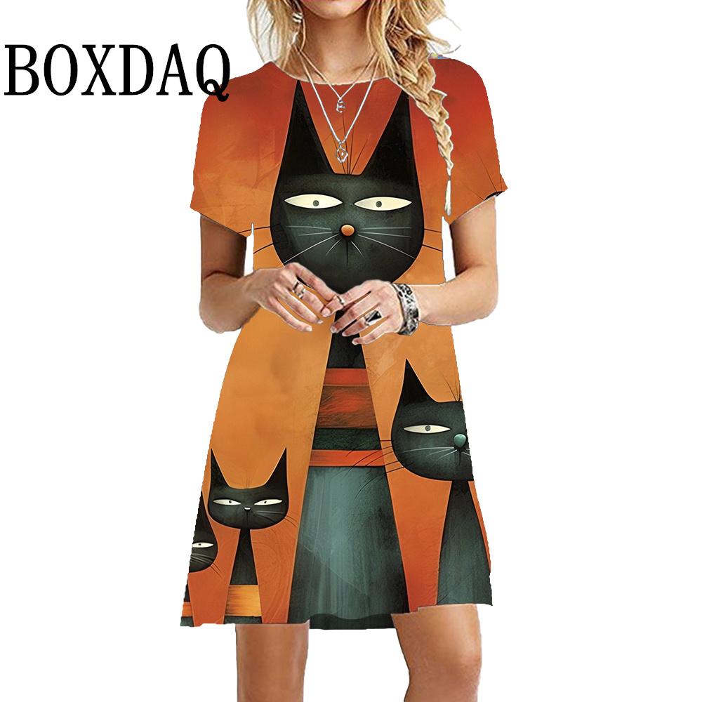 Caton Cute Cat 3D Printed Girl Dress Summer Feminine Kawaii Elegant Cat Casual Dress