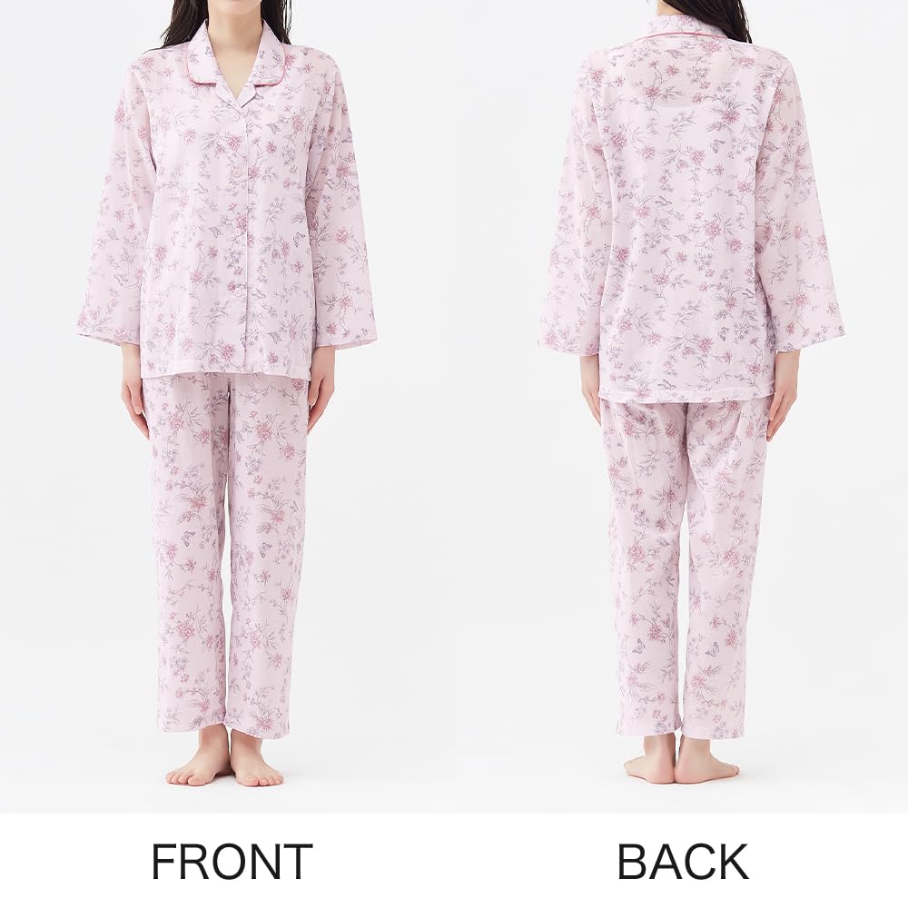 Gunze Long Sleeve Pajamas with Elastic Sleeve and Leg Mesh Green Women's Holes, Back,