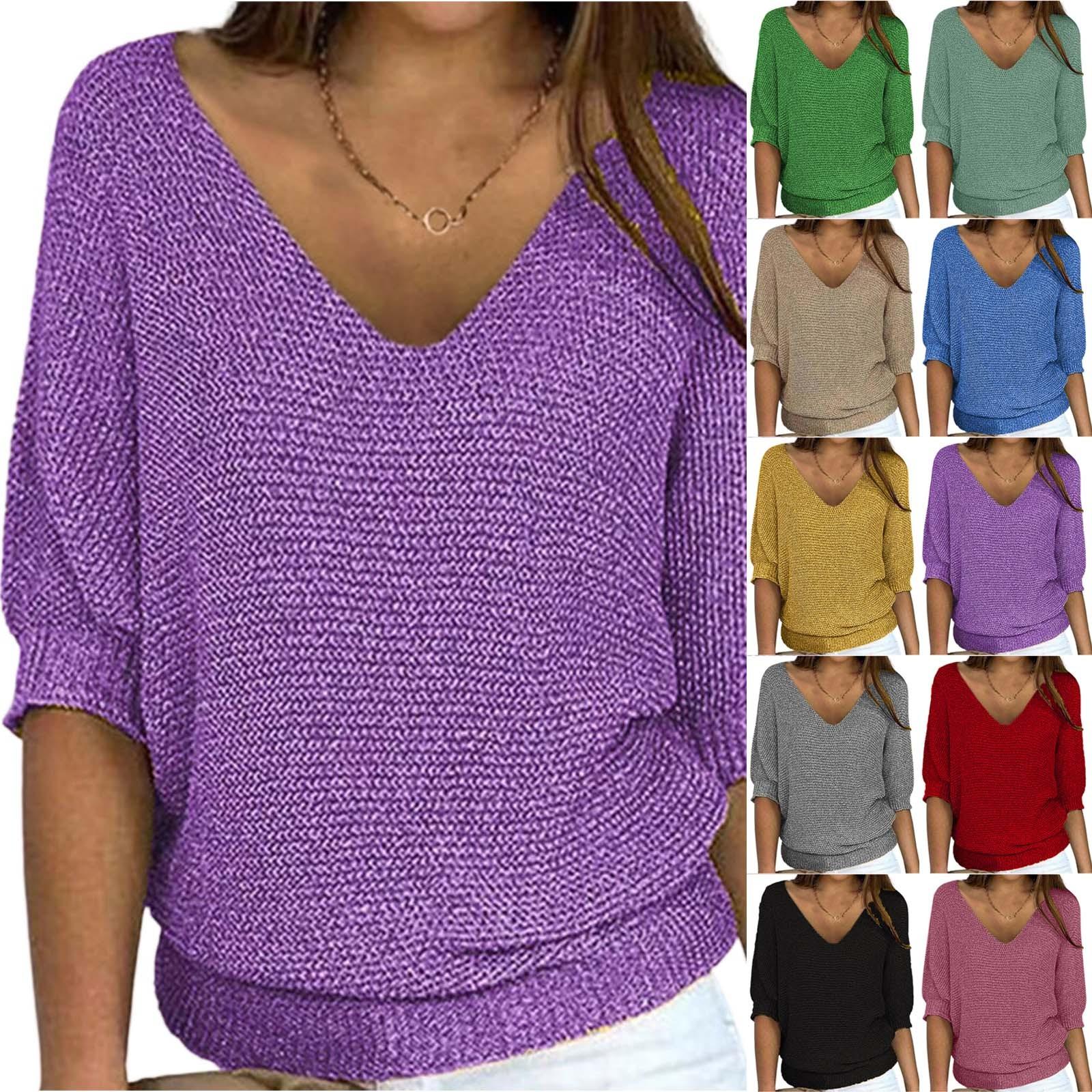

Women s Fashion Solid Color V Neck 3/4 Sleeve Pullover Knitted Shirt Top XXL хакі