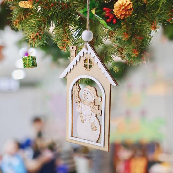 Reusable Festive Home Decor Wooden Christmas House Snowman/Reindeer Hanging Ornament, DIY Xmas Pendant with Nordic Style Tree Pendants Hemp