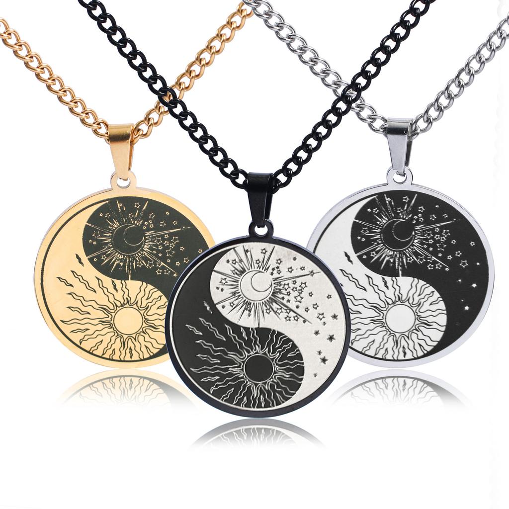 New Stainless Steel Creative Yin Yang Tai Chi Circular Pendant Necklace Retro Religious Mens Titanium Steel Necklace