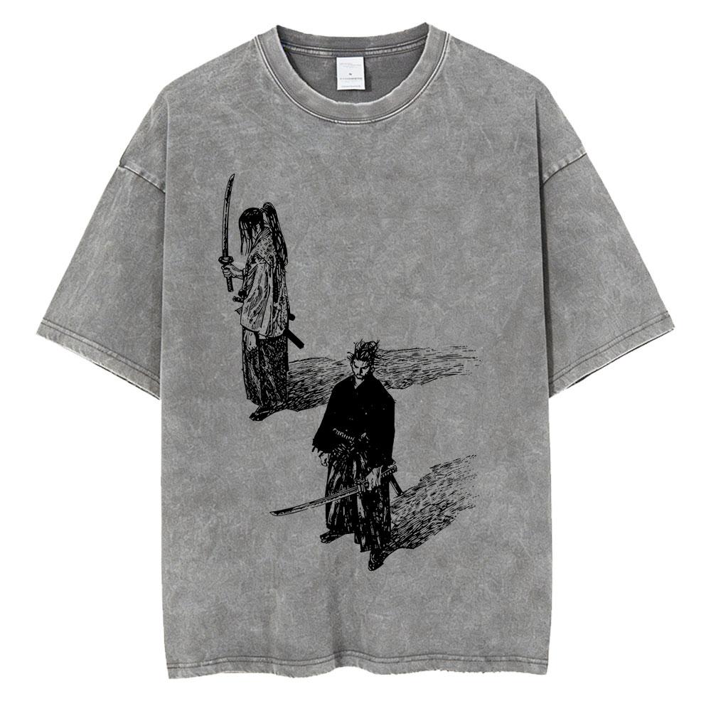 Gewaschenes Vintage Anime Vagabond Miyamoto Musashi Kirschblüten Grafik T-Shirt Herren Damen Lässiges Oversized T-Shirt 90er Jahre Streetwear