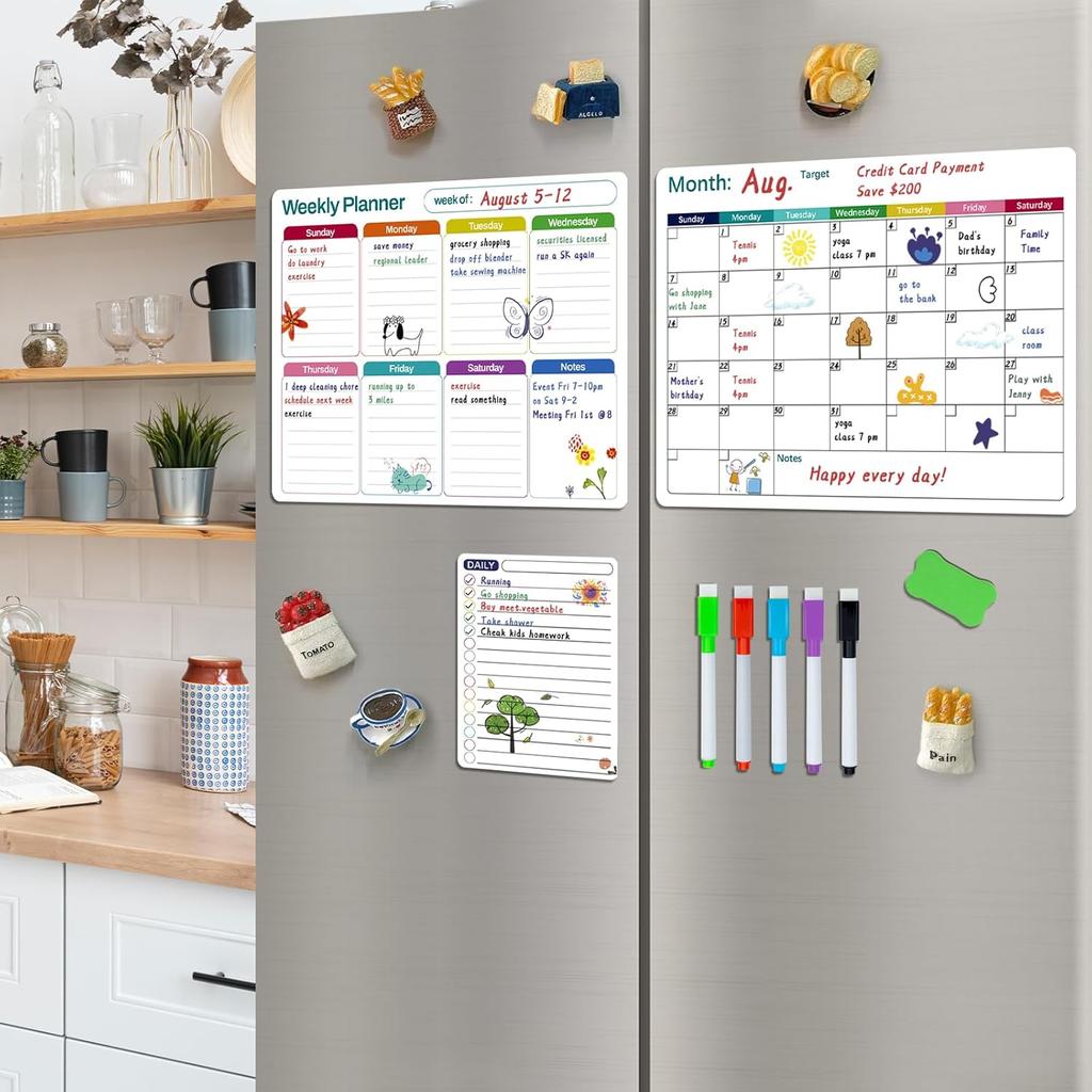Magnetic Dry Erase Fridge Calendar Whiteboard Set,3 Pack 14.6" x 11" Reble Refrigerator Calendar for Fridge & Wall-Monthly, Weekly,Daily Planners