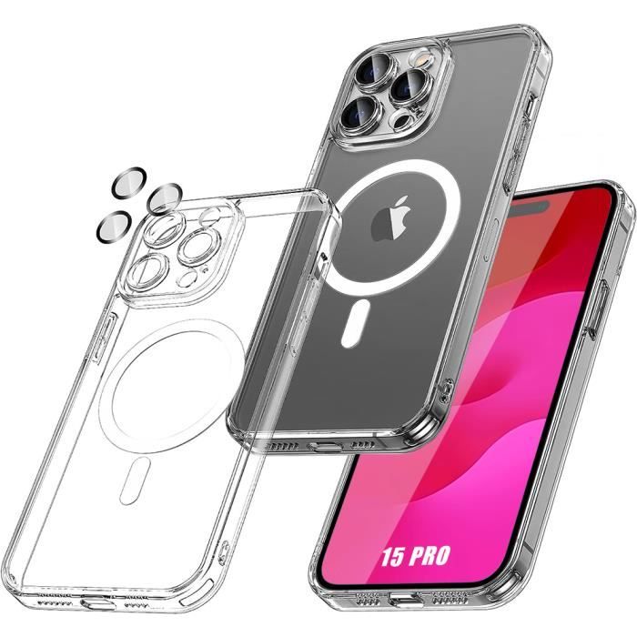Coque pour iphone 15 pro avec cercle magnétique et vitre protection caméra, coque rigide transparent antichoc