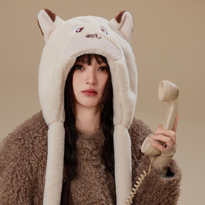 Women's Warm Fleece Cartoon Cat Hat with Moving Ears & Ear Muffs for Autumn/Winter
