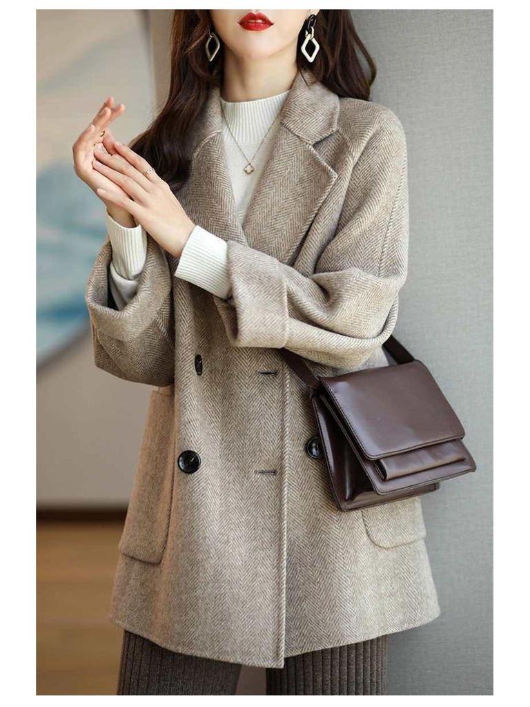 2025 Women's Petite Wool-Blend Herringbone Coat - Mid-Length, Loose, Slimming, Stylish for Spring & Autumn Fashion Trends