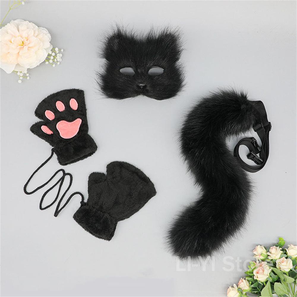 Cute Plush Fingerless Gloves Animal Faux Fur Fox Tail Mask Set Cosplay Accessories Plush Mask Fox Tail Gloves Cosplay Party