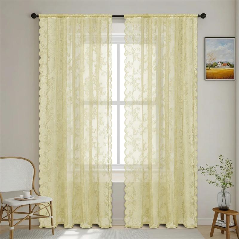 1 Panel Vintage Lace Curtains Rod Pocket Sheer Curtain Long-Romantic Flowers Branch Window Curtain for Living Room French Decor