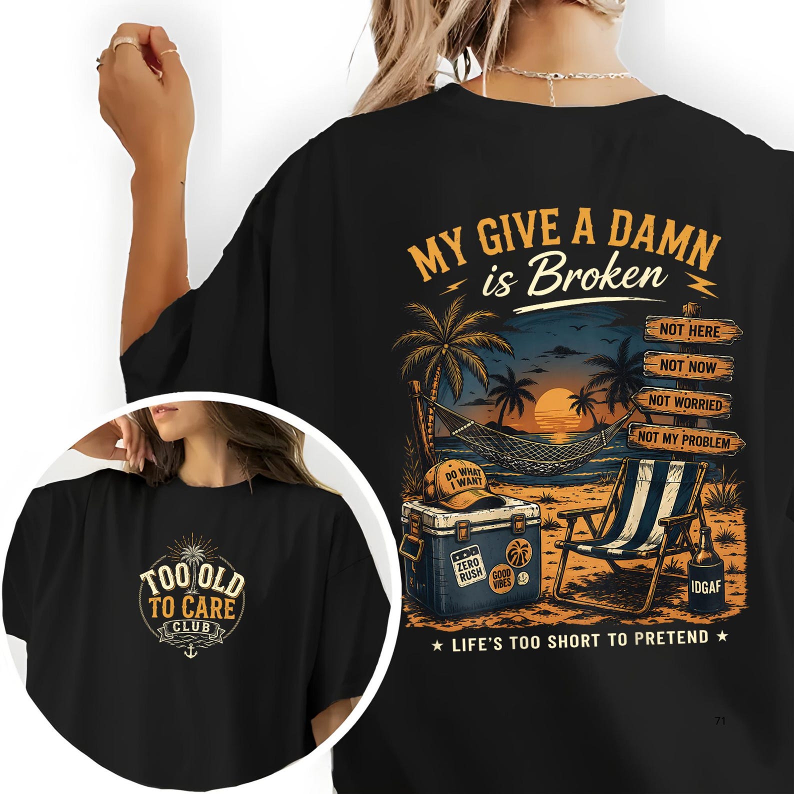 My Give a Damn is Broken Beach Scene T-Shirt – Relaxed Fit Graphic Tee, Too Old to Care Club Don t Care My Give A Damn is Broken T-Shirt 2XL