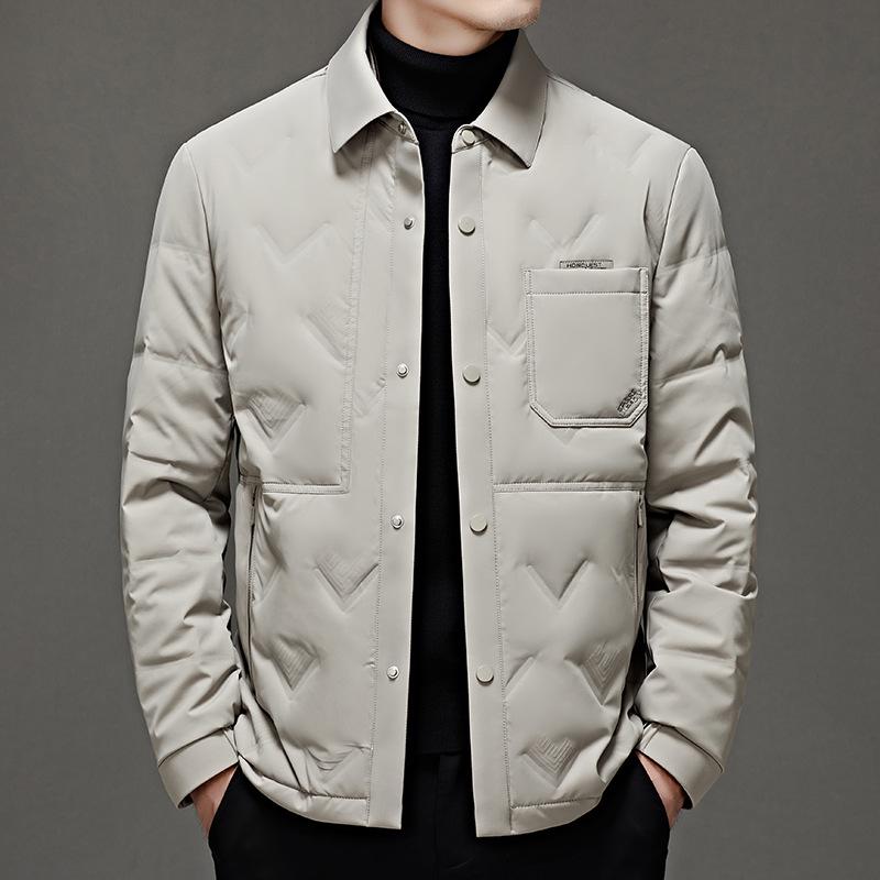 Men's White Shirt-Style Duck Down Jacket: Single-Breasted, Lapel, Warm, Business Casual Coat for Middle-Aged.