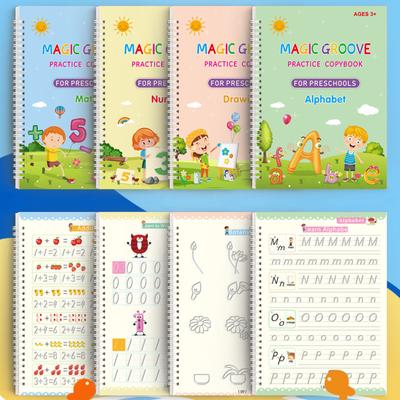 Set Calligrafia Inglese con Scanalature per Bambini Quaderno Magico Riutilizzabile per Pratica con Penna e Ricariche 4 Libri Apprendimento Scrittura Materiale Scolastico Educativo