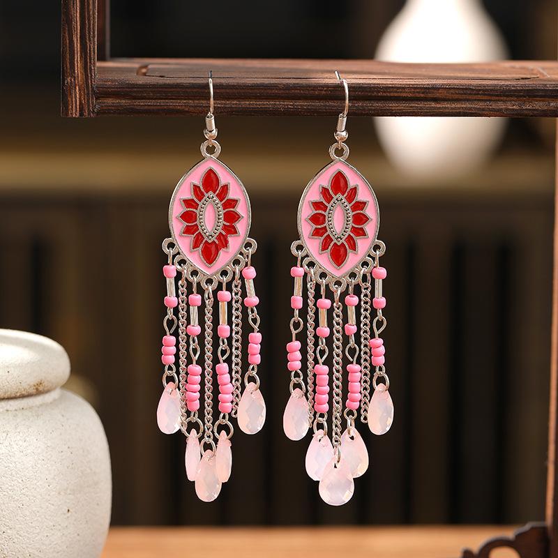 Bohemian Enamel Flower Water Drop Earrings for Women Ethnic Vintage Multicolor Beaded Long Earrings Vacation Daily Jewelry