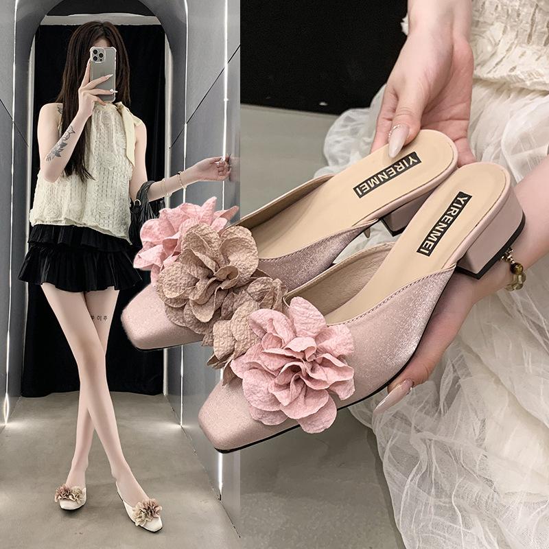High heels women's spring and summer 2025 new French bag head flower sandals square head thick heel light mouth outer slippers women
