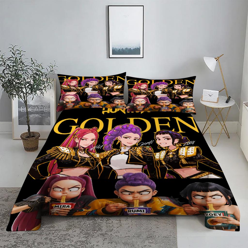 Huntrix, Rumi, Mira D-Dämonenjäger K-Pop Bettwäsche-Set 3D-bedrucktes Bettlaken mit Kissenbezug Bettwäsche King Queen Size