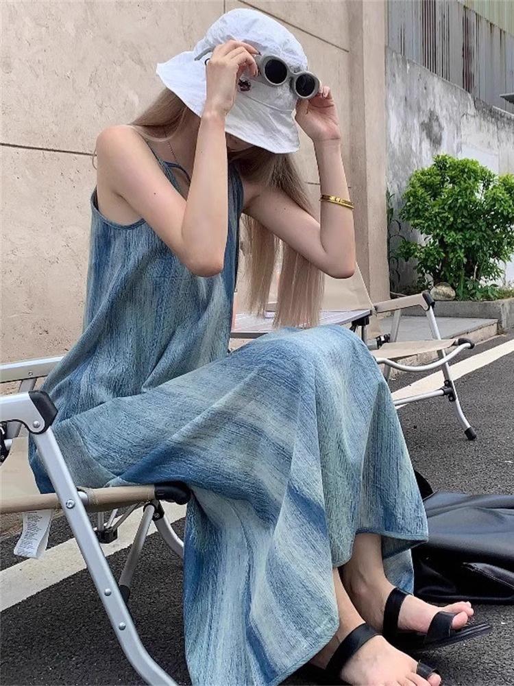 French Smudge Suspender Dress Women's Summer New Loose Lazy Niche Chic Blue Long Skirt Tide