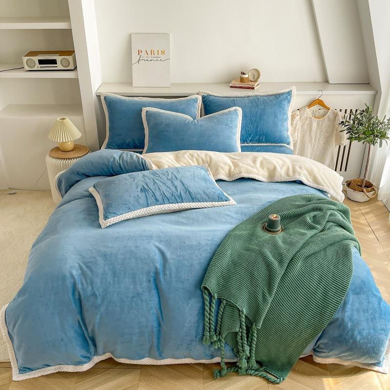 Double-Sided Thickened Milk Fleece Bed Four-Piece Set Of Fleece Lamb Fleece Children'S Quilt Cover Coral Fleece Bed Sheet To Keep Warm