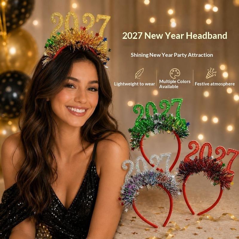 Christmas Light Up Headband 2027 Cute Glitter Hair Hoop New Year Eve Costume Party Accessory For Women Girls Holiday Dress Up