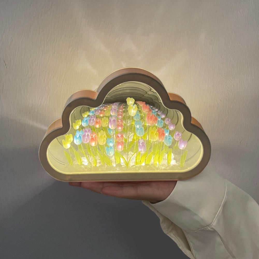 New Acrylic 20 Flowers Tulip Night Light Handmade DIY Creative Tulips Flower Table Lamp Cloud Shape Mirror Light Birthday Gifts