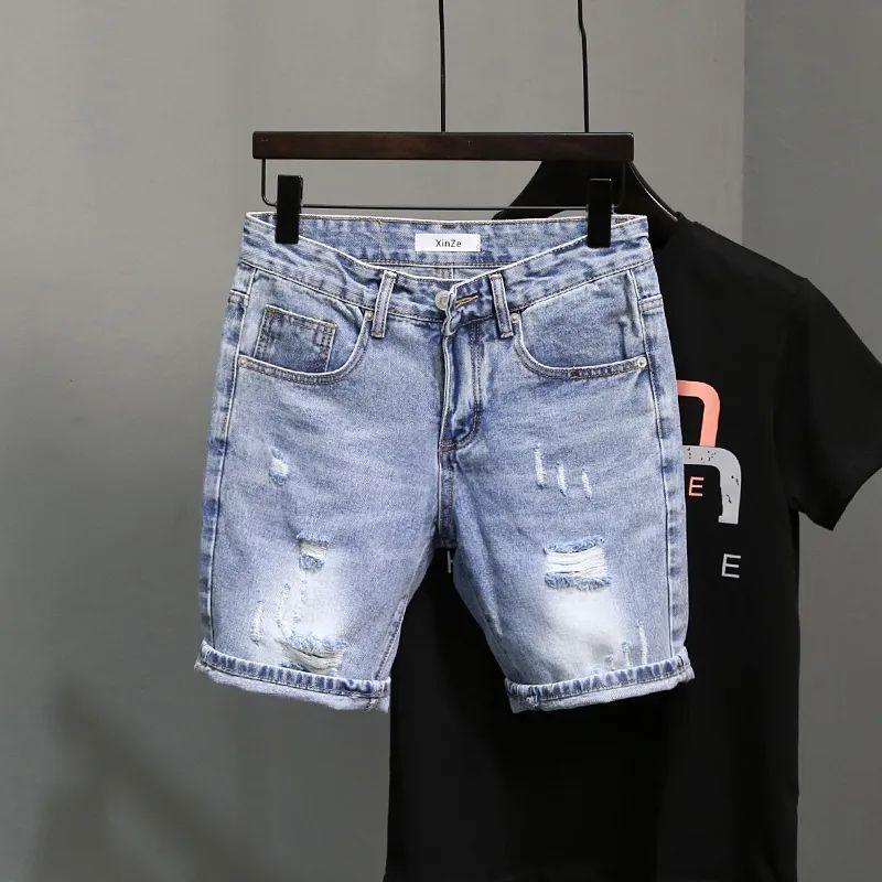 

Men s Summer Ripped Denim Shorts - Korean Style, Elastic Fit, Trendy Mid-Length Streetwear M 【85-100 lbs recommended】