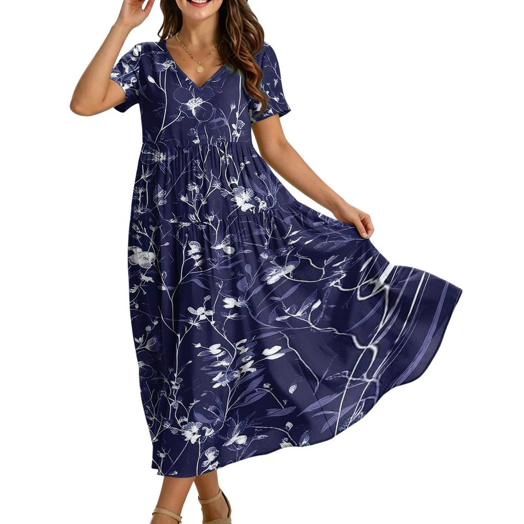 Women’s Short Sleeve V Neck Maxi Dress with Star Print Loose Fit Casual Flowing Hem Lightweight Material