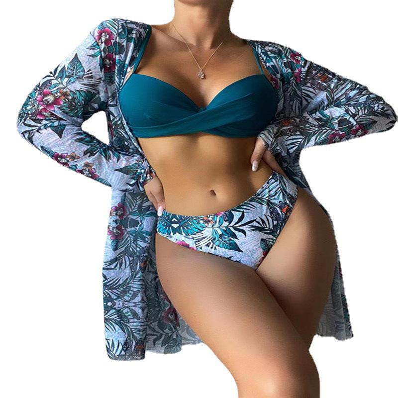 2023 European & American Women's Three-Piece Bikini Set with Cardigan, High-Waisted Bottoms, and Sunscreen Cover-Up.
