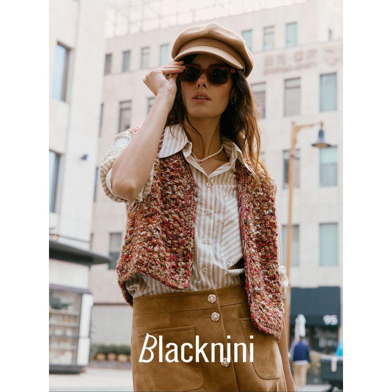 Blacknini Yin Waffle/"Christmas Eve" Du + Gold Leaf Feather Yarn Handmade Mohair Knitting Short/Long Vest