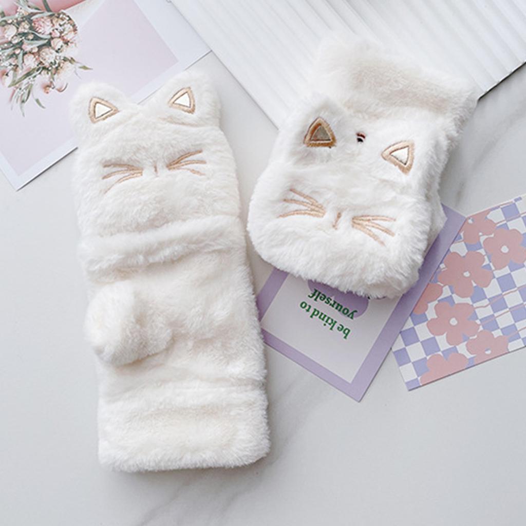 Cute Cat Plush Gloves for Women Korean Style Winter Fingerless Flip-up Style Outdoor Cycling Thickened Windproof Warm Accessory