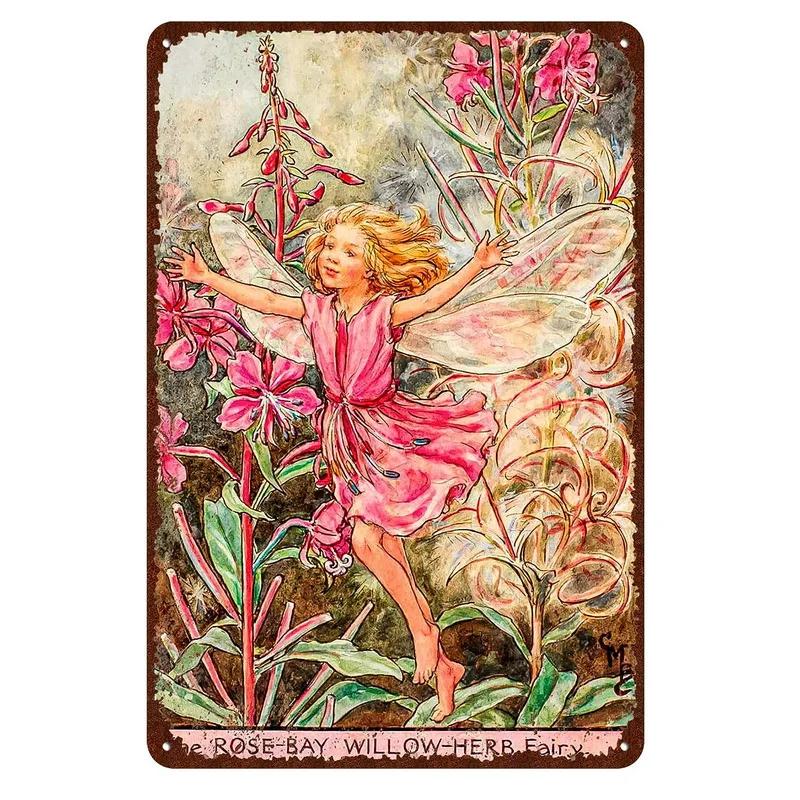 Flower Fairy Girl Metal Tin Signs Wall Decoration Plaque Vintage Art Poster Iron Painting for Man Cave Home Cafe Garden Club Bar