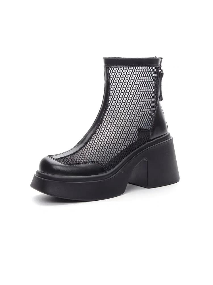 

2025 Новые женские модные ботинки Сетчатые полые дышащие на молнии На высоком каблуке Короткие ботинки Летняя тонкая секция коротких холодных ботинок 40 чёрный