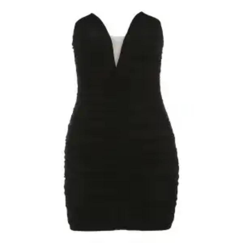 Women's Strapless Deep V Neck Ruched Bodycon Mini Mesh Party Clubwear Short Dress