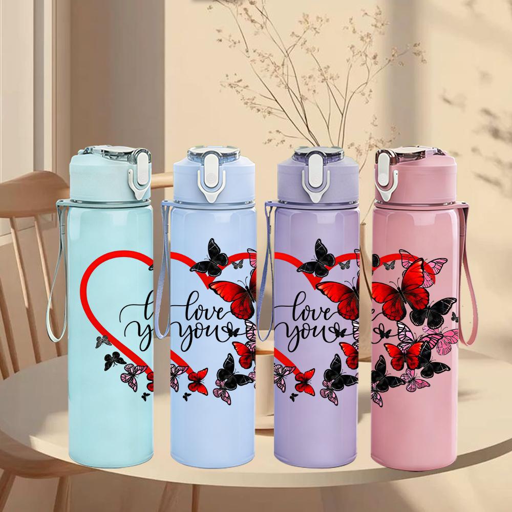 1PC Red Vine Butterfly Love Heart 750ml Color Plastic Sports Water Bottle Leakproof Flip Straw Lid Suitable for Sports Office Home Use